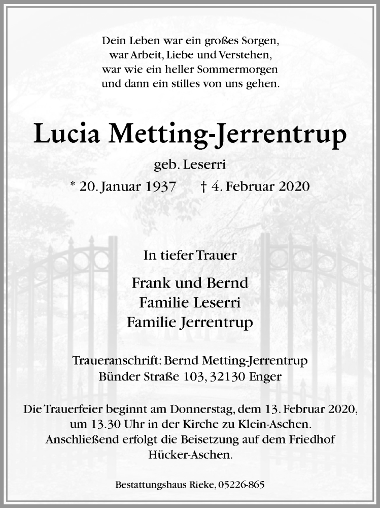  Traueranzeige für Lucia Metting-Jerrentrup vom 08.02.2020 aus Westfalen-Blatt