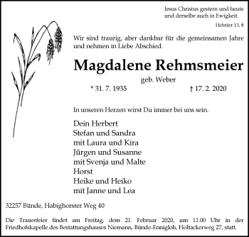 Traueranzeige von Magdalene Rehmsmeier von Westfalen-Blatt
