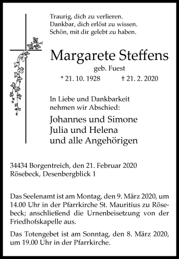 Traueranzeige von Margarete Steffens von Westfalen-Blatt