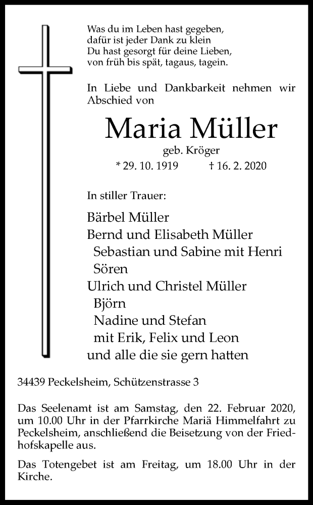  Traueranzeige für Maria Müller vom 18.02.2020 aus Westfalen-Blatt
