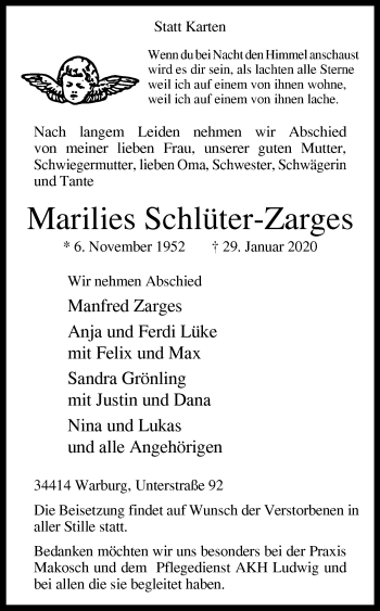 Traueranzeige von Marilies Schlüter-Zarges von Westfalen-Blatt