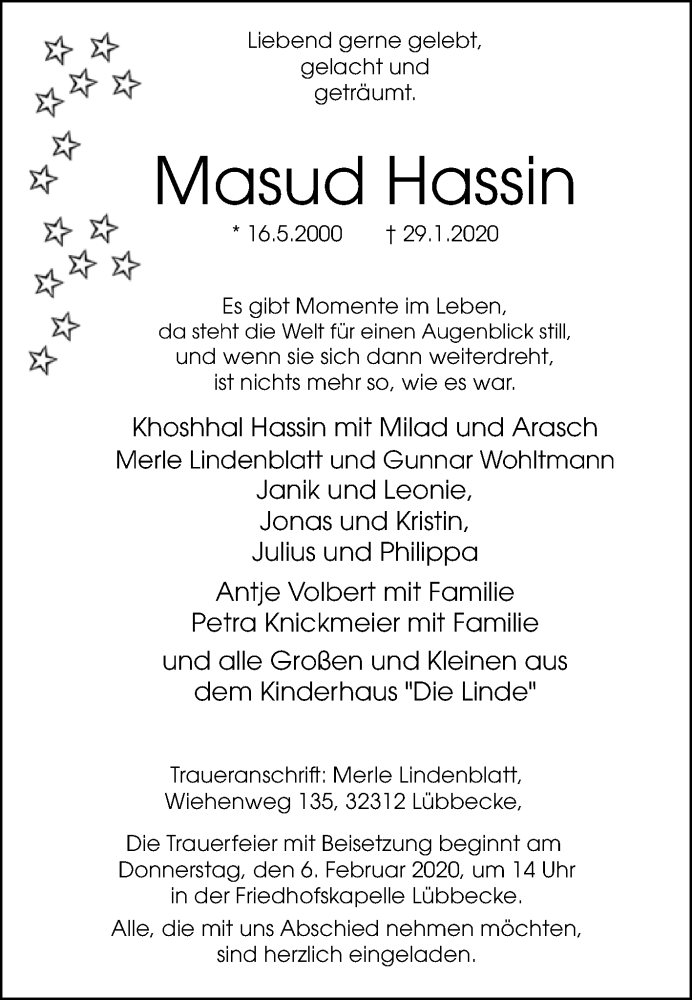  Traueranzeige für Masud Hassin vom 03.02.2020 aus Westfalen-Blatt
