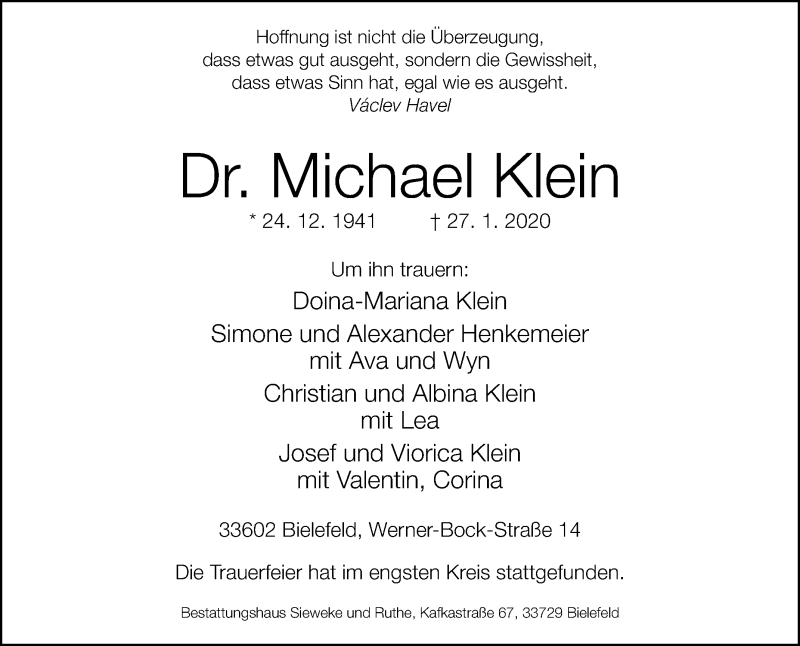  Traueranzeige für Michael Klein vom 08.02.2020 aus Westfalen-Blatt