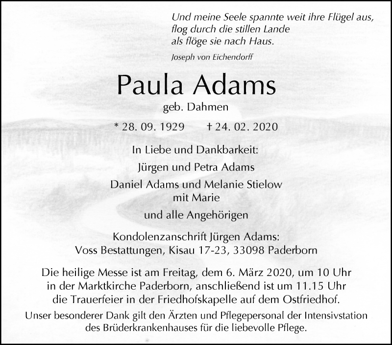  Traueranzeige für Paula Adams vom 29.02.2020 aus Westfalen-Blatt