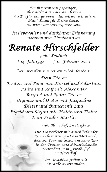 Traueranzeige von Renate Hirschfelder von Westfalen-Blatt