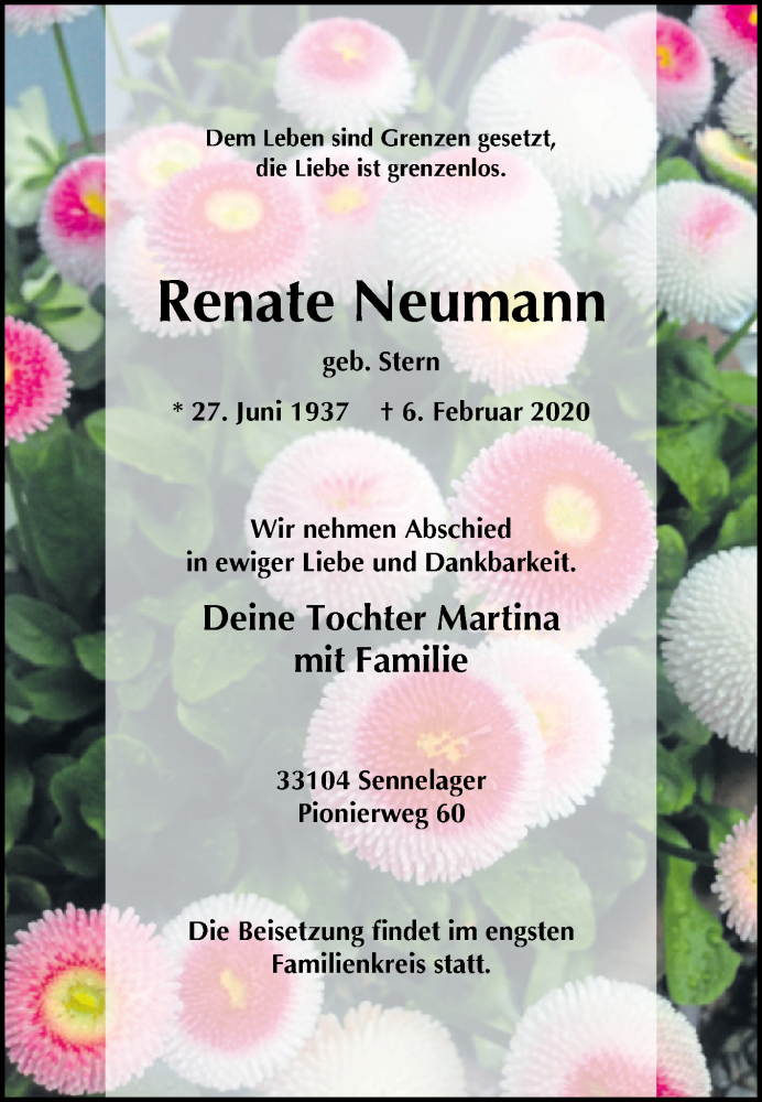  Traueranzeige für Renate Neumann vom 08.02.2020 aus Westfalen-Blatt