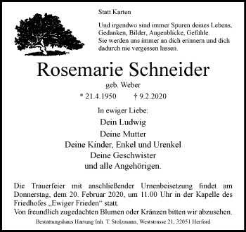 Traueranzeige von Rosemarie Schneider von Westfalen-Blatt