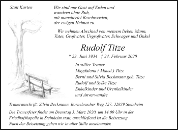 Traueranzeige von Rudolf Titze von Westfalen-Blatt