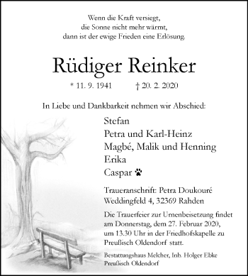 Traueranzeige von Rüdiger Reinker von Westfalen-Blatt