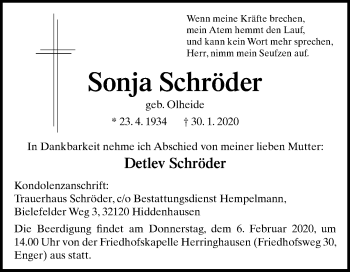 Traueranzeige von Sonja Schröder von Westfalen-Blatt