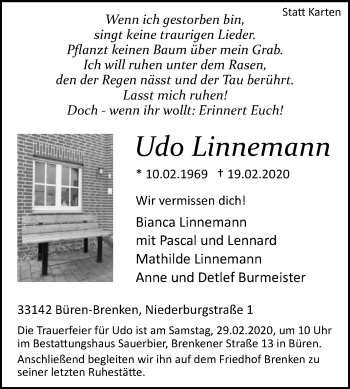 Traueranzeige von Udo Linnemann von Westfalen-Blatt
