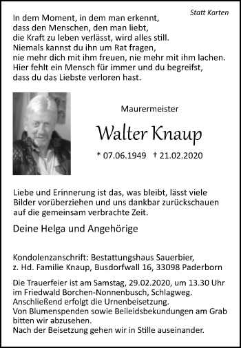 Traueranzeige von Walter Knaup von Westfalen-Blatt
