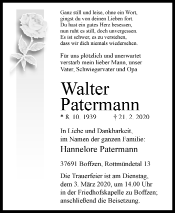 Traueranzeige von Walter Patermann von Westfalen-Blatt