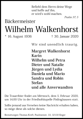 Traueranzeige von Wilhelm Walkenhorst von Westfalen-Blatt