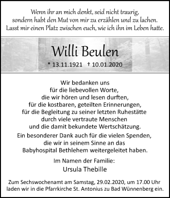 Traueranzeige von Willi Beulen von Westfalen-Blatt