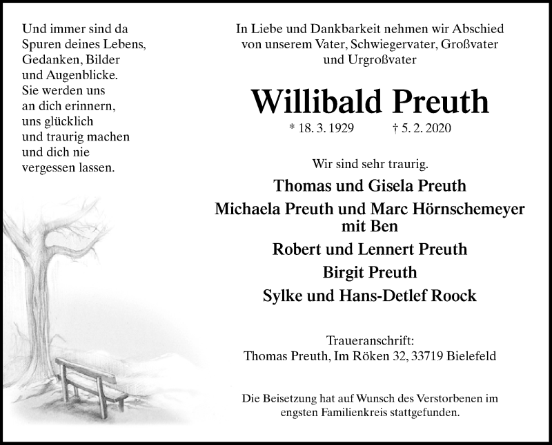  Traueranzeige für Willibald Preuth vom 22.02.2020 aus Westfalen-Blatt