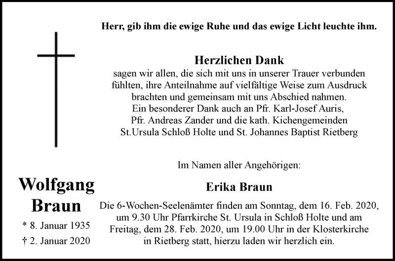  Traueranzeige für Wolfgang Braun vom 08.02.2020 aus Westfalen-Blatt