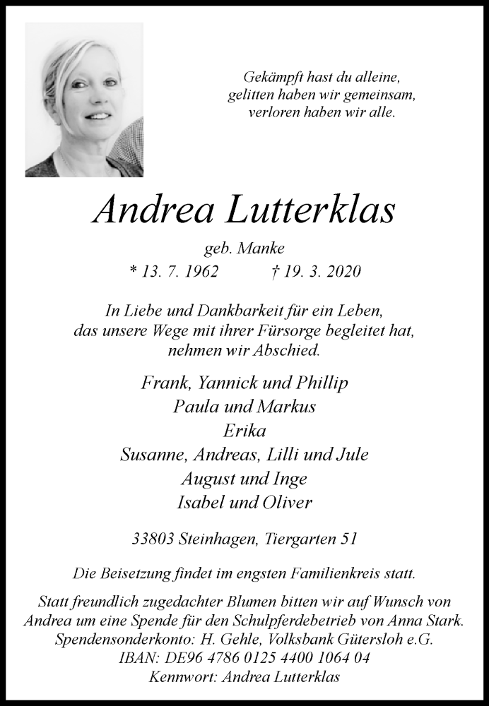 Traueranzeige für Andrea Lutterklas vom 24.03.2020 aus Westfalen-Blatt