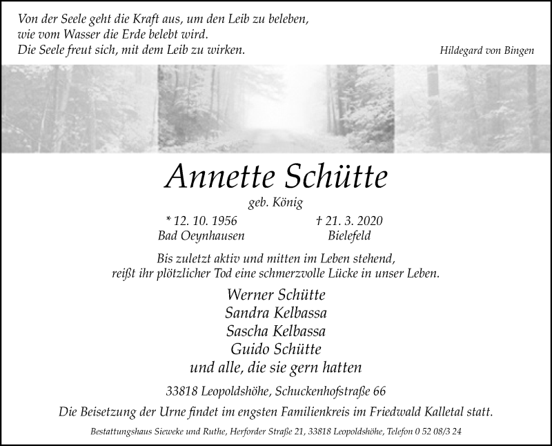  Traueranzeige für Annette Schütte vom 28.03.2020 aus Westfalen-Blatt
