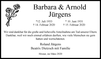 Traueranzeige von Barbara & Arnold Jürgens von Westfalen-Blatt