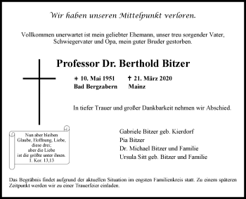 Traueranzeige von Berthold Bitzer von Westfalen-Blatt