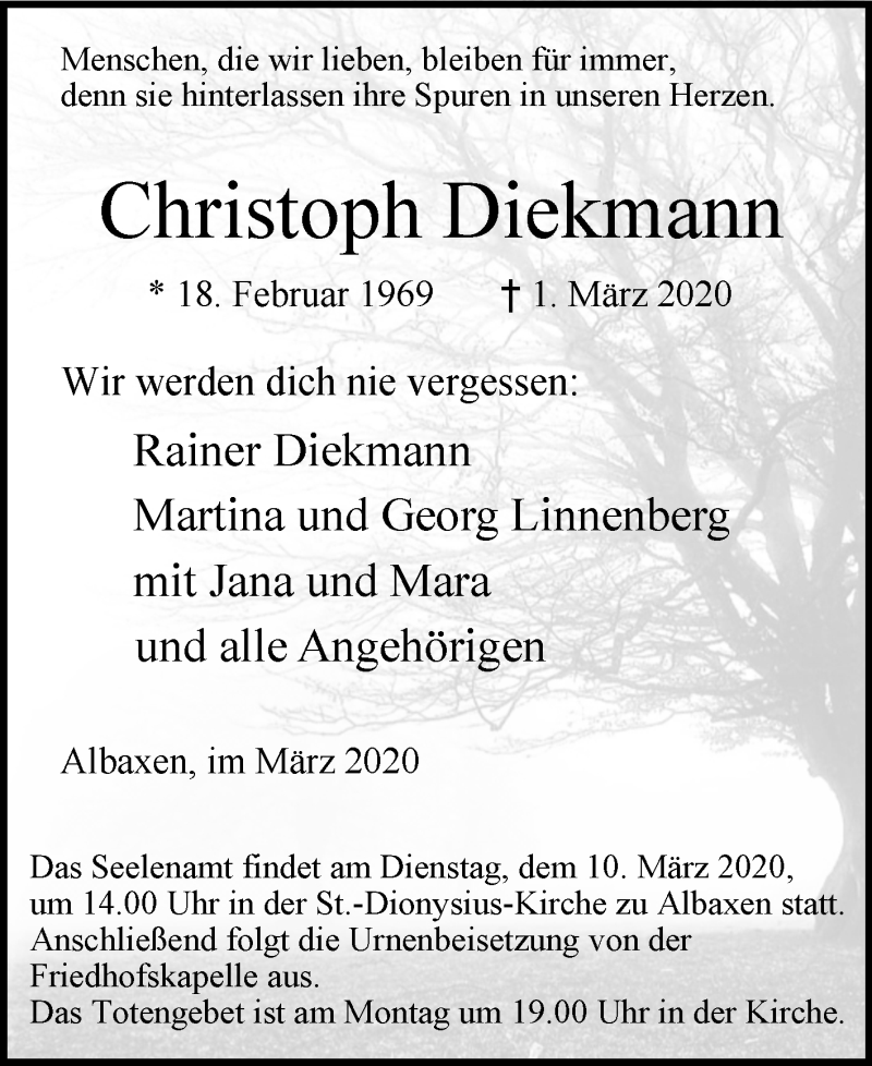  Traueranzeige für Christoph Diekmann vom 04.03.2020 aus Westfalen-Blatt