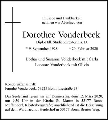 Traueranzeige von Dorothee Vonderbeck von Westfalen-Blatt