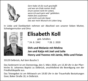 Traueranzeige von Elisabeth Koll von Westfalen-Blatt