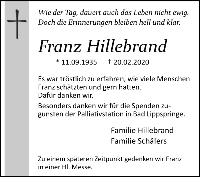  Traueranzeige für Franz Hillebrand vom 28.03.2020 aus Westfalen-Blatt