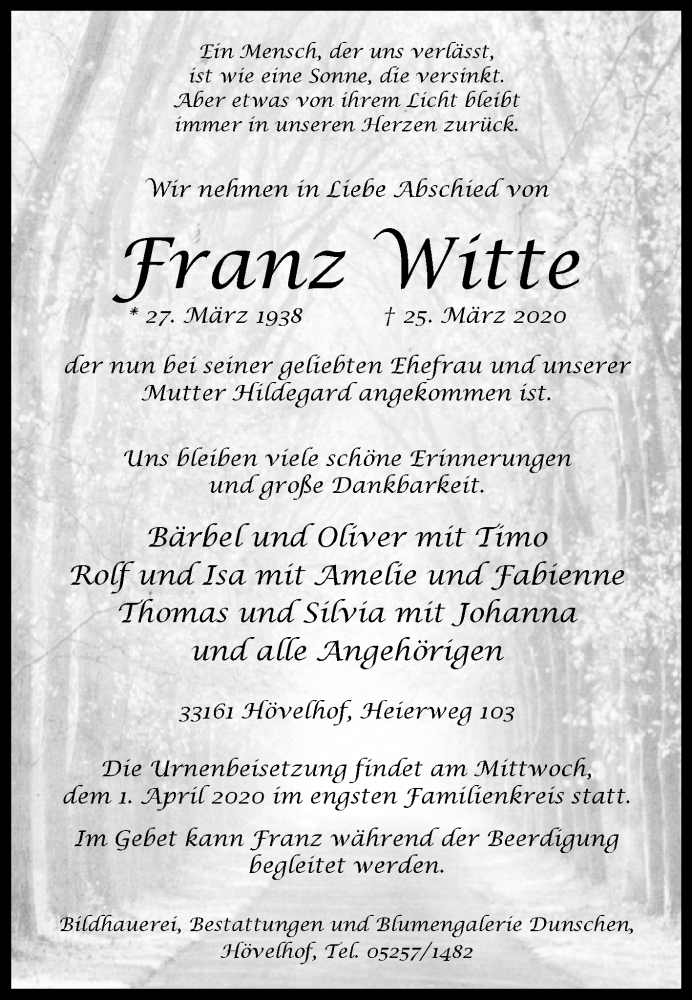  Traueranzeige für Franz Witte vom 28.03.2020 aus Westfalen-Blatt