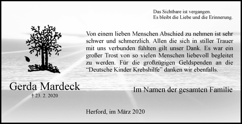  Traueranzeige für Gerda Mardeck vom 21.03.2020 aus Westfalen-Blatt