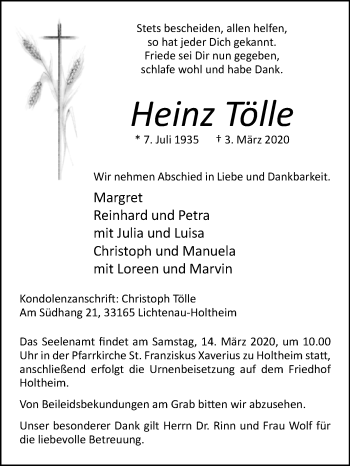 Traueranzeige von Heinz Tölle von Westfalen-Blatt