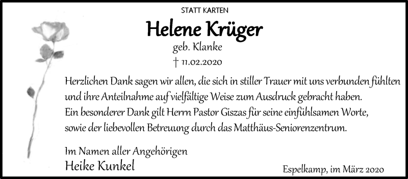  Traueranzeige für Helene Krüger vom 28.03.2020 aus Westfalen-Blatt