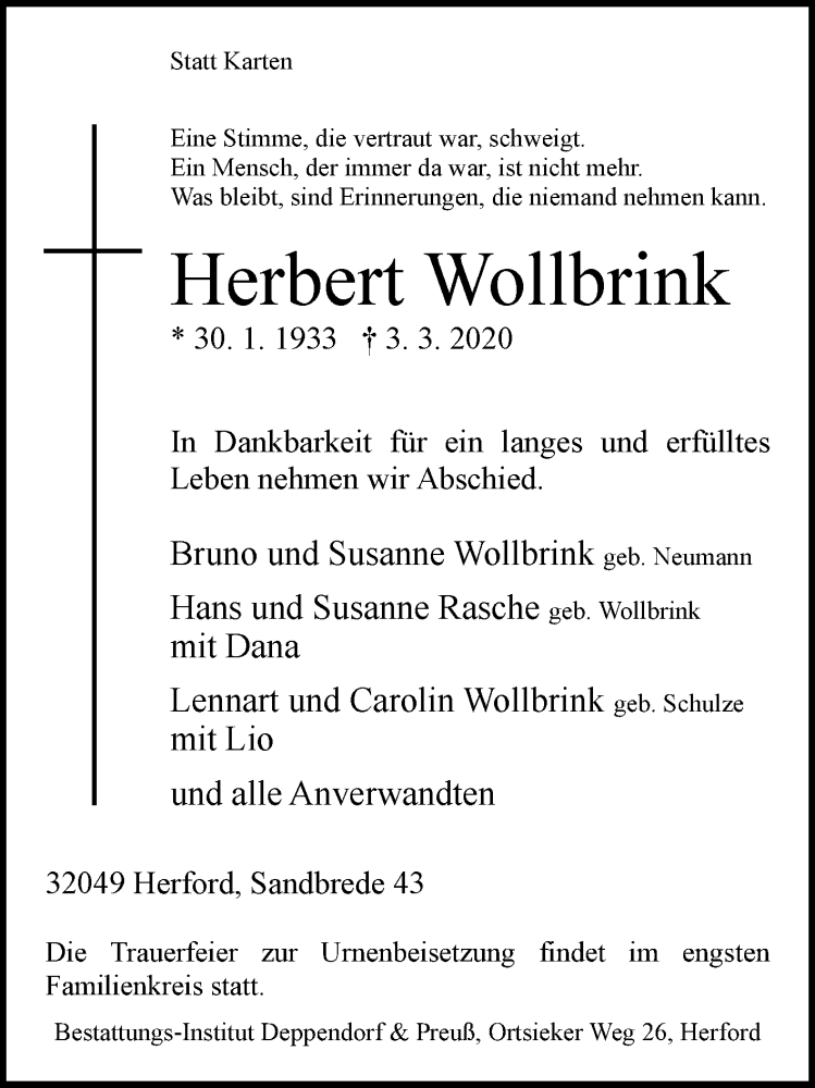  Traueranzeige für Herbert Wollbrink vom 07.03.2020 aus Westfalen-Blatt