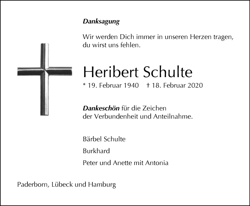  Traueranzeige für Heribert Schulte vom 21.03.2020 aus Westfalen-Blatt