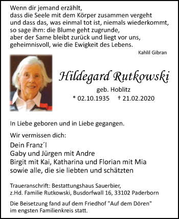 Traueranzeige von Hildegard Rutkowski von Westfalen-Blatt