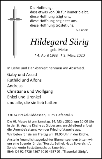 Traueranzeige von Hildegard Sürig von Westfalen-Blatt