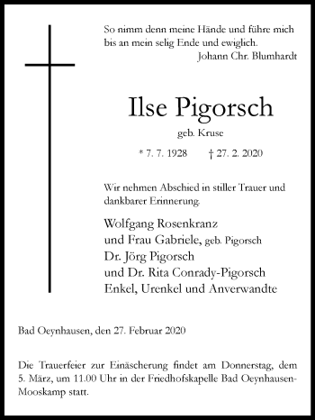 Traueranzeige von Ilse Pigorsch von Westfalen-Blatt
