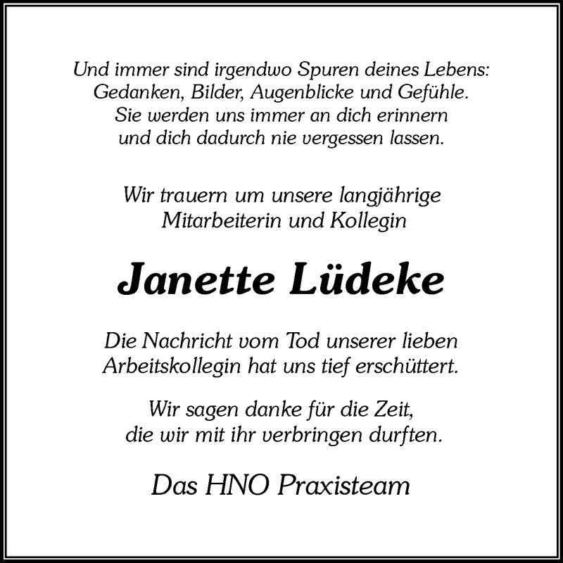  Traueranzeige für Janette Lüdeke vom 10.03.2020 aus Westfalen-Blatt