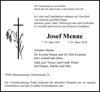 Traueranzeige von Josef Menne von Westfalen-Blatt