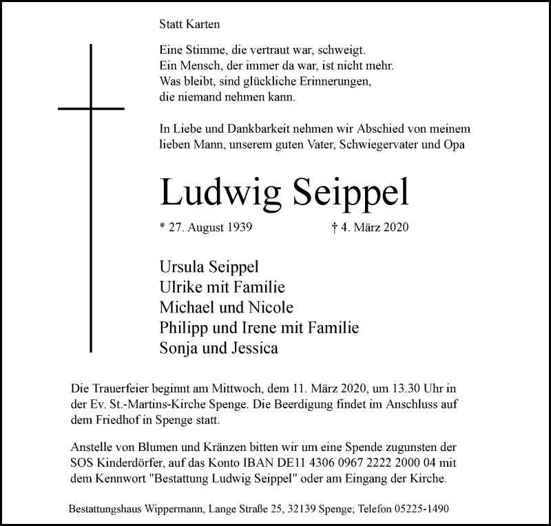  Traueranzeige für Ludwig Seippel vom 07.03.2020 aus Westfalen-Blatt