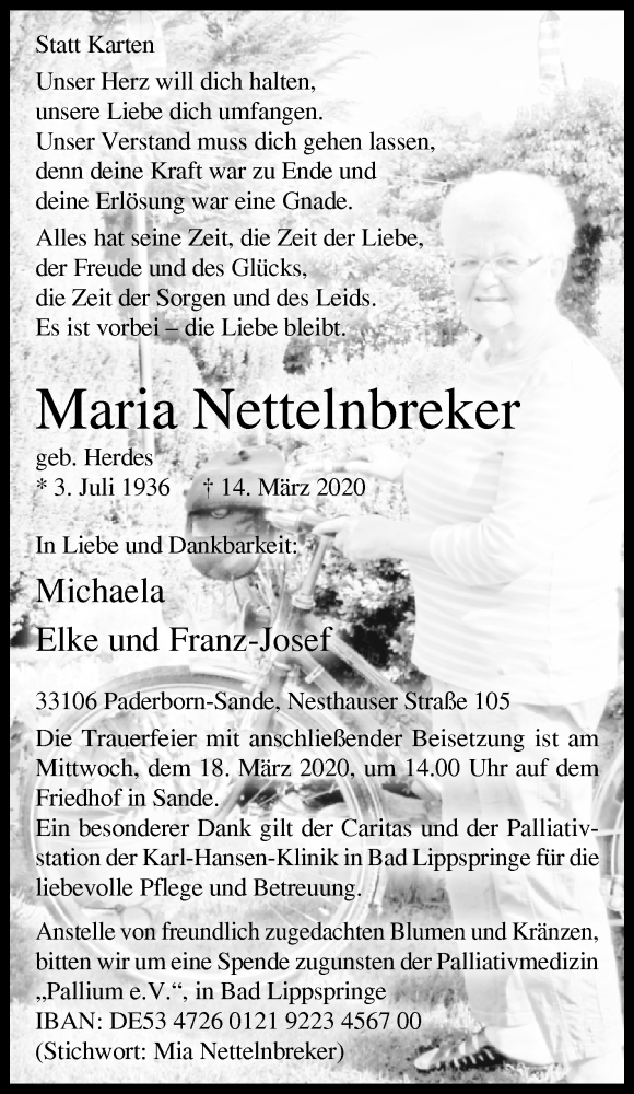 Traueranzeige für Maria Nettelnbreker vom 17.03.2020 aus Westfalen-Blatt