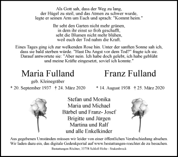 Traueranzeige von Maria und Franz Fulland von Westfalen-Blatt
