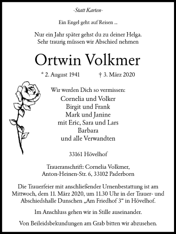 Traueranzeige von Ortwin Volkmer von Westfalen-Blatt