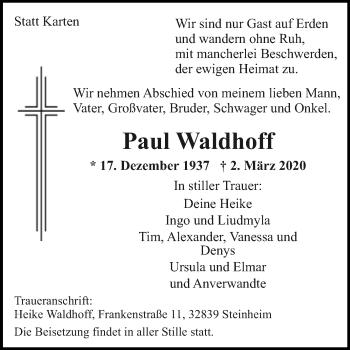Traueranzeige von Paul Waldhoff von Westfalen-Blatt