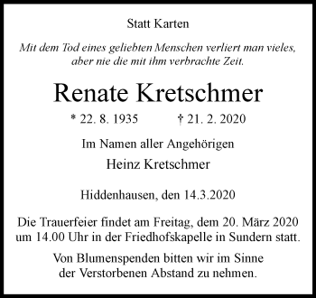 Traueranzeige von Renate Kretschmer von Westfalen-Blatt