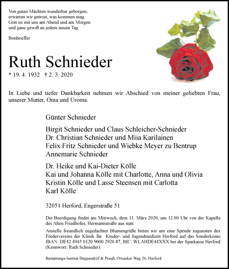  Traueranzeige für Ruth Schnieder vom 07.03.2020 aus Westfalen-Blatt