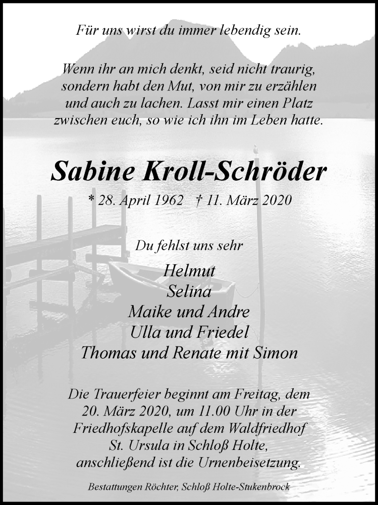  Traueranzeige für Sabine Kroll-Schröder vom 14.03.2020 aus Westfalen-Blatt