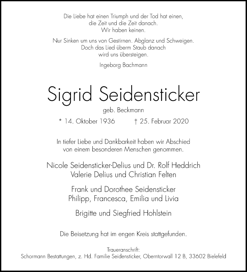  Traueranzeige für Sigrid Seidensticker vom 07.03.2020 aus Westfalen-Blatt