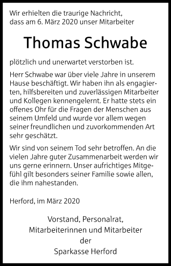 Traueranzeige von Thomas Schwabe von Westfalen-Blatt